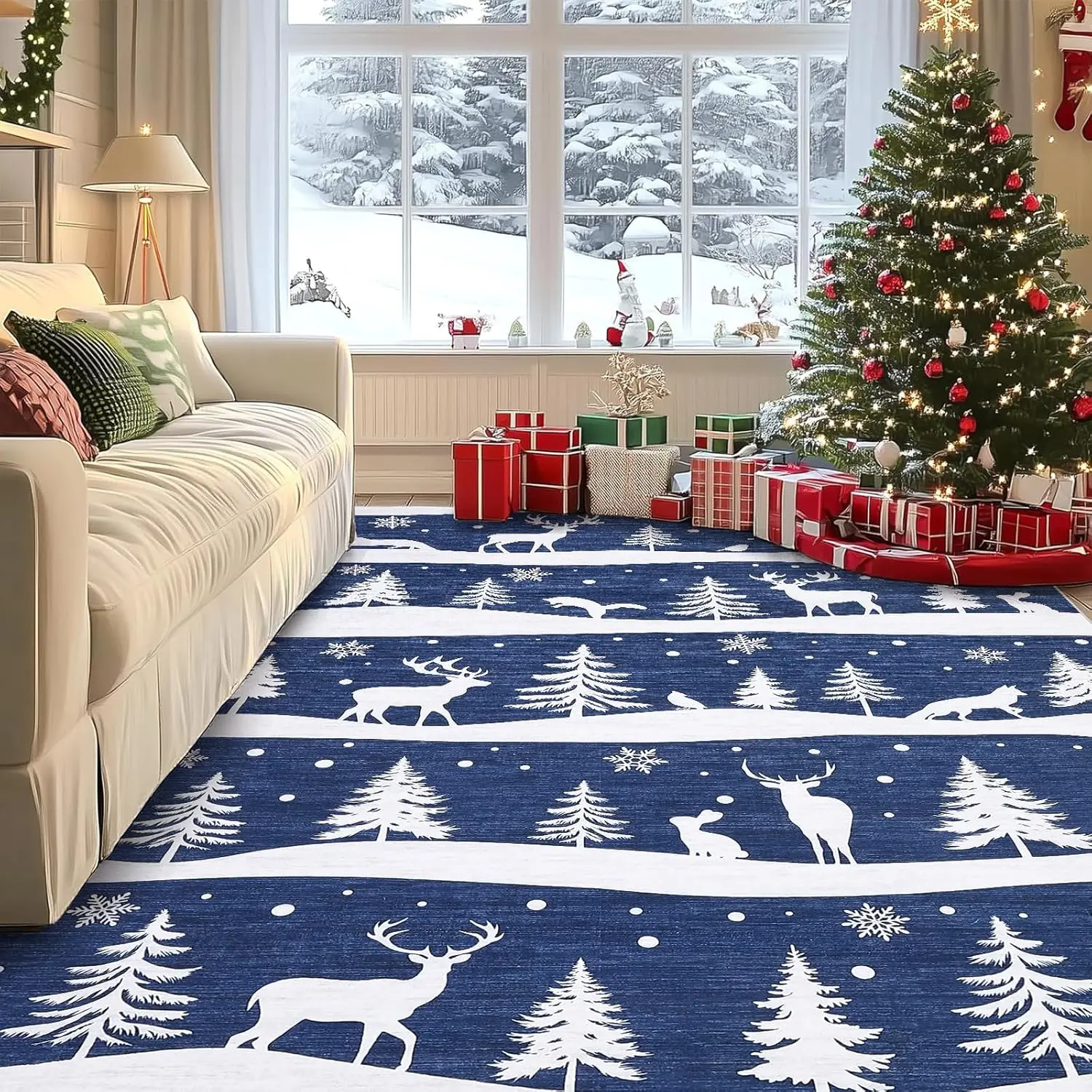 8x10 Area Rugs for Living Room, Christmas Rugs with Xmas Tree Reindeer Snowflake for Holiday Decor, Non Slip Low Pile Washable Rug for Dining Room, Bedroom, Blue