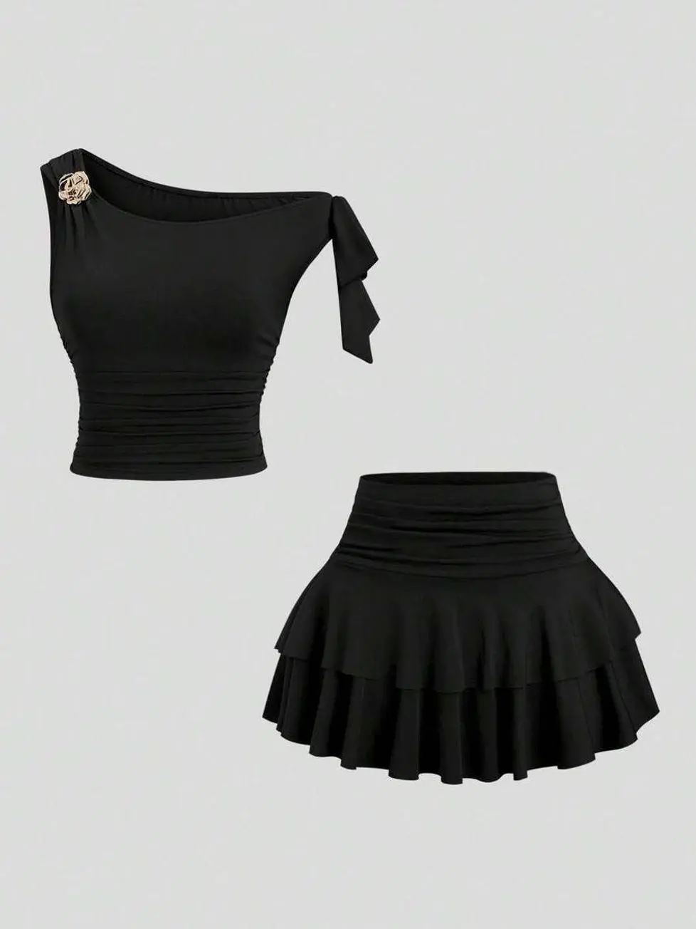 Women's Summer Metallic Flower Decor Spaghetti Strap Tank Top & Pleated Layered Mini Skirt Set