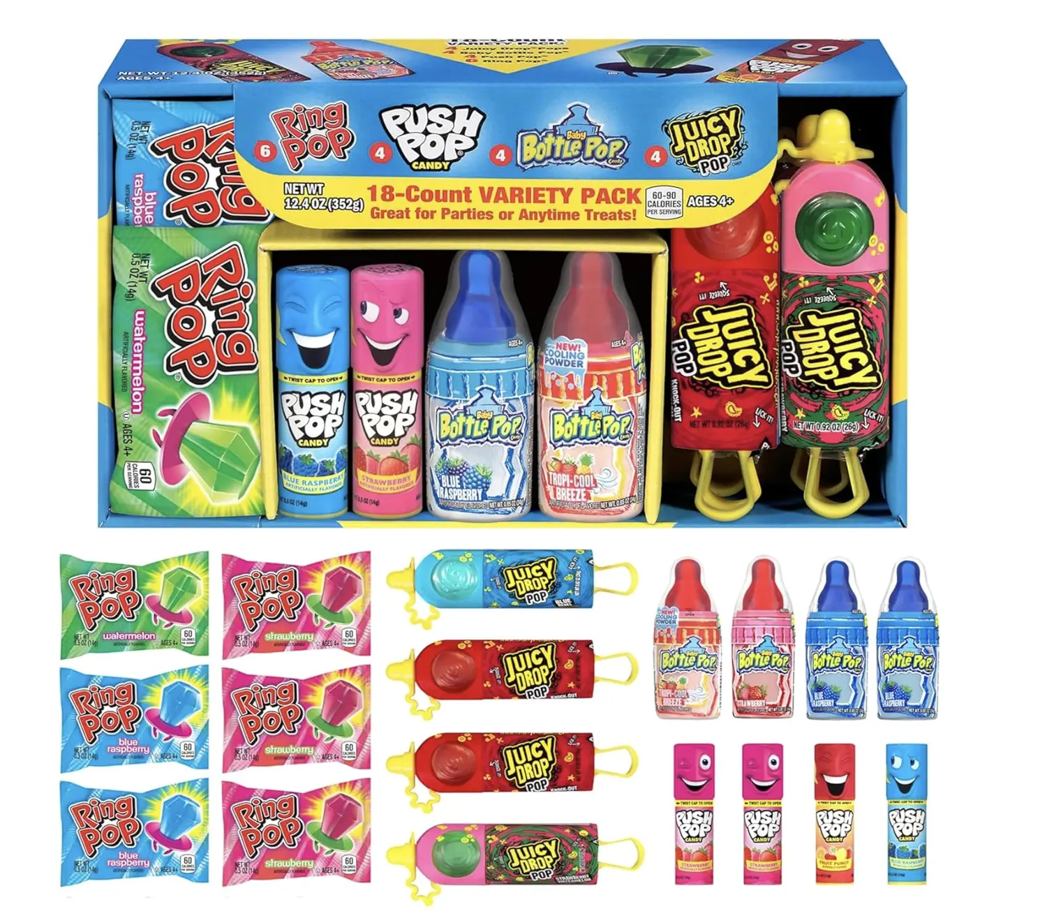 Assorted Candy Variety Pack - 18 Count Bulk Individually Wrapped Snack, Includes Ring, Push, Baby Bottle & Juicy Drop Sweets, Ideal for Birthdays, Kids' Party Favors (1.7 lbs), Sweet