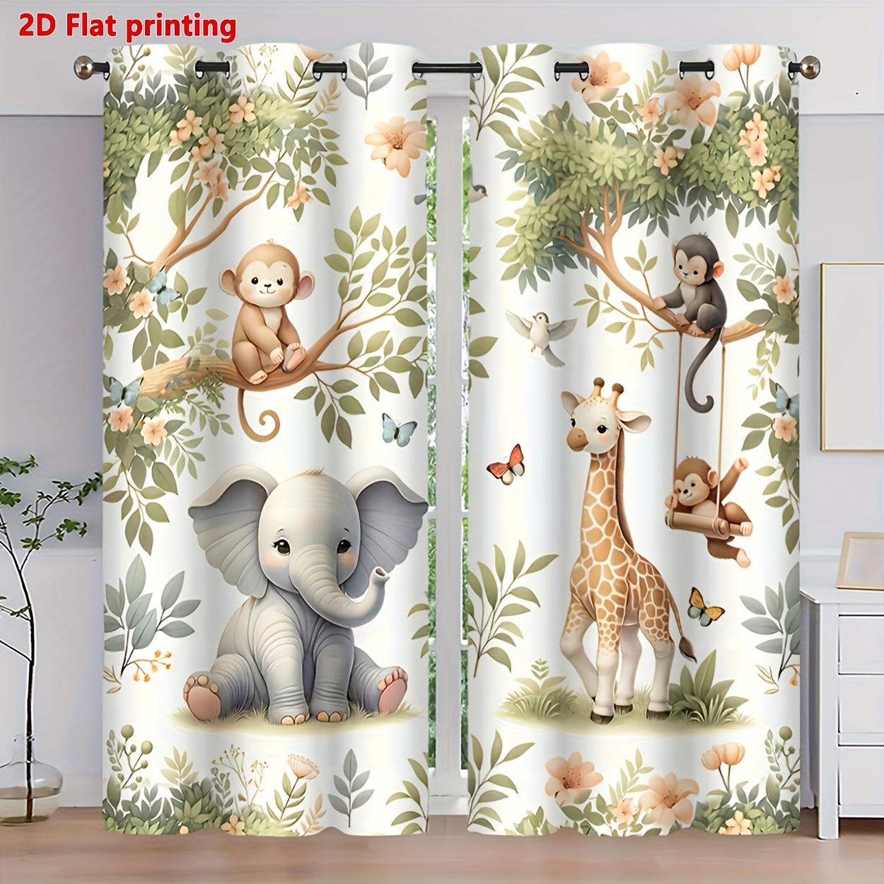 2D Flat Printed Animal Curtains 2 Panels, Cute Jungle Elephant Giraffe Monkey Print Window Drapes, Light Filtering Home Decor for Living Room Bedroom