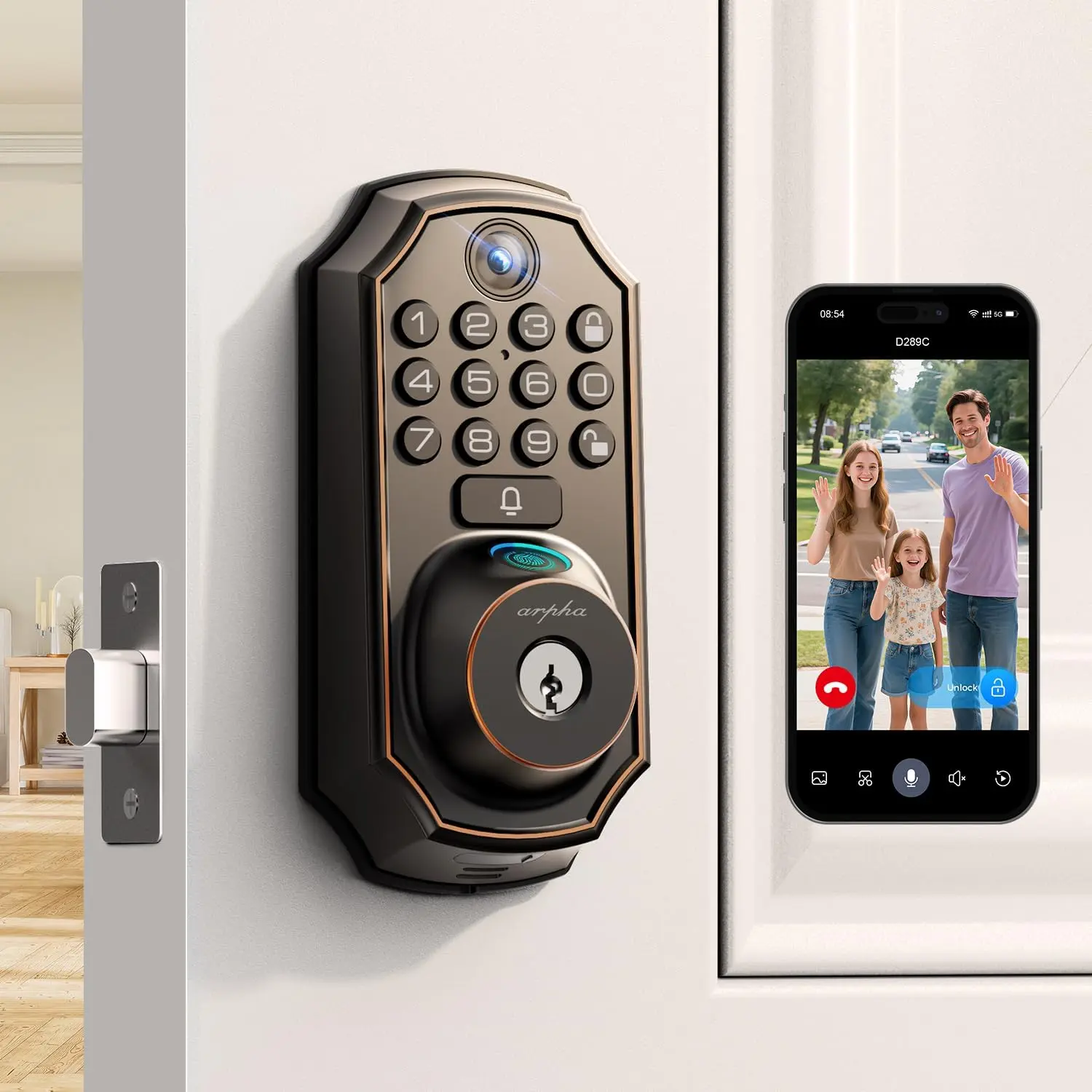 Arpha D289 Keyless Door Lock Deadbolt with Handle Set - WiFi Door Lock with Camera - 5 in 1 Camera+Doorbell+Fingerprint Keyless Entry Door Lock
