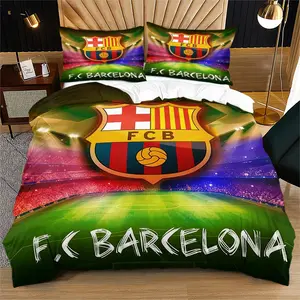Barcelona Team Emblem Pattern Duvet Cover Set,Suitable for Bedroom Bedding Decoration for Teenagers and Adults,The Perfect Gift for Football Fans,Including 1 Duvet Cover and 1 Or 2 Pillowcases (Excluding Quilt and Pillow Inserts), Bed Sets Supplies