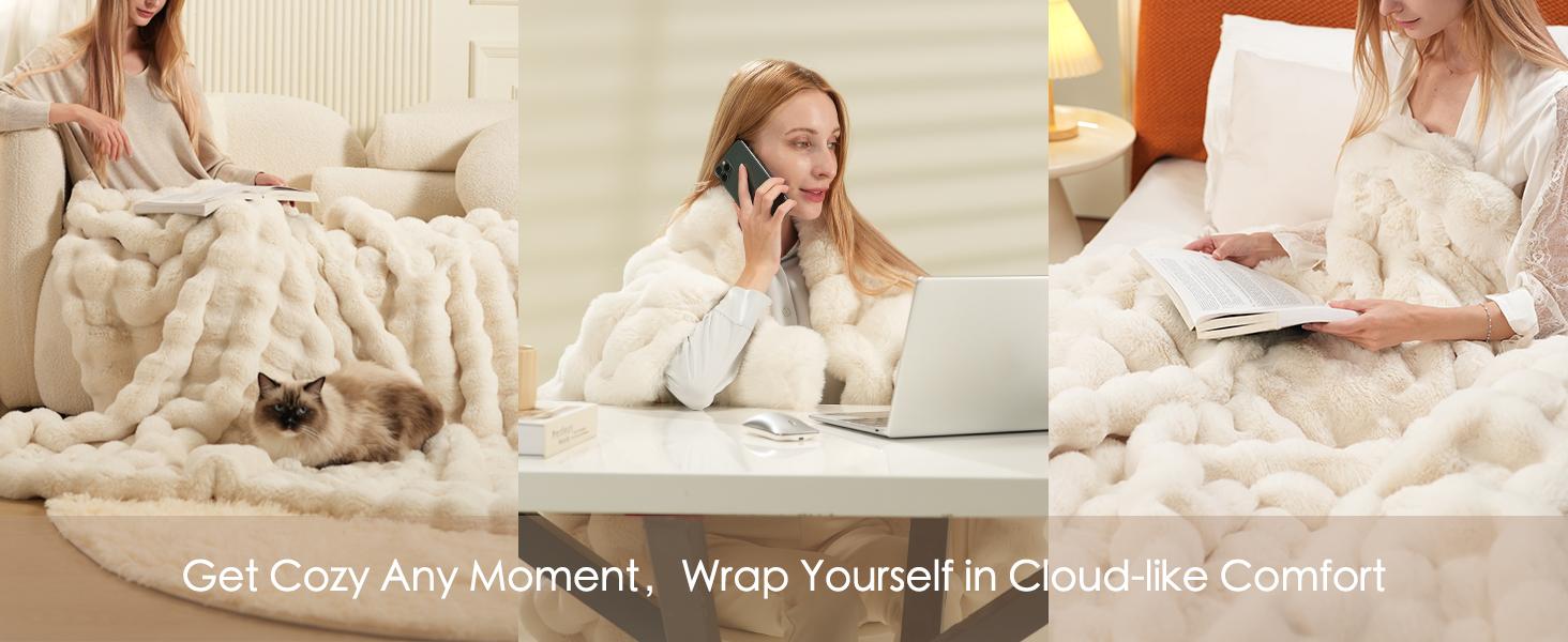 【Clearance】Macinso Fluffy Bubble Home Blanket, Faux Rabbit Fur Winter Warm Soft, Bedroom Decor Cozy for Women Men