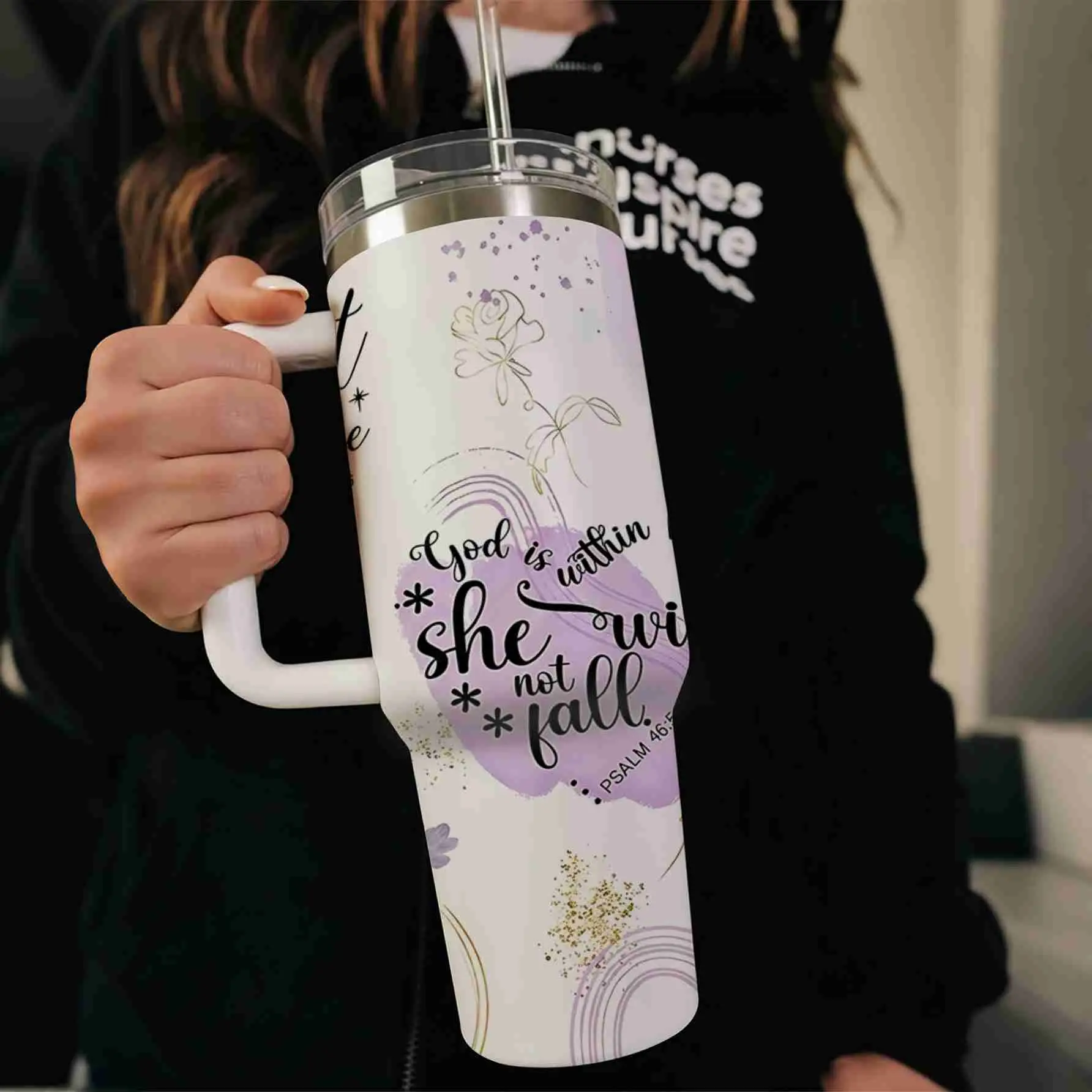 Purple Floral Bible Verse - 40oz large capacity car water bottles with lid and handle, 304 stainless steel insulated tumbler, suitable for car, office, travel, new year gifts, Christian Gift