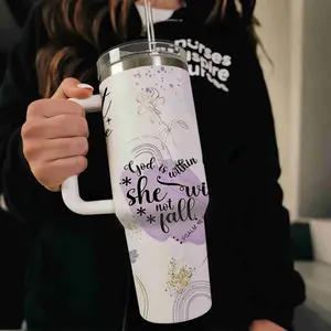 Purple Floral Bible Verse - 40oz large capacity car water bottles with lid and handle, 304 stainless steel insulated tumbler, suitable for car, office, travel, new year gifts, Christian Gift