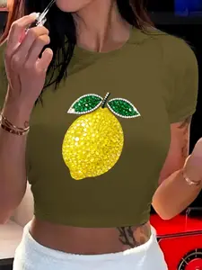 Women's Cropped Slim-Fit Tummy Control Round Neck Shortleeve T-Shirt - Sequin Lemon Rhinestone Pattern, Breathable, Simple, Casual, Everyday Sweet-Spicy Style Tee