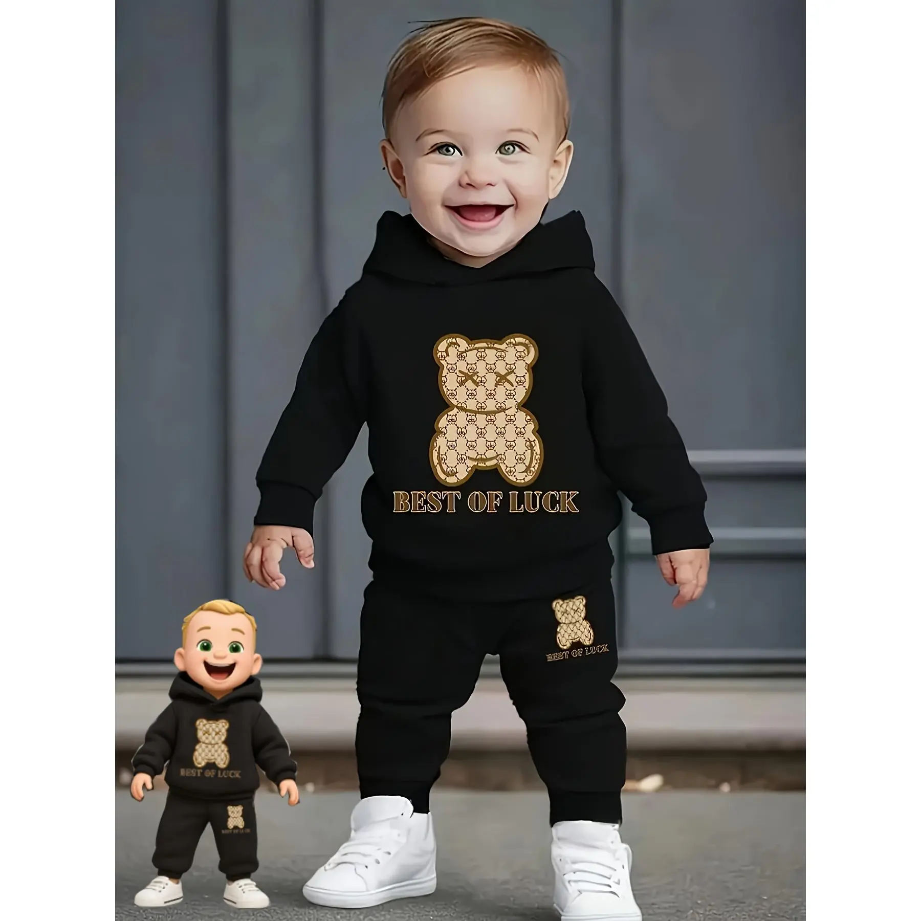 Newborn Baby Boy Autumn And Winter Letter Bear Print Hoodie + Print Sweatshirt Two-Piece Set Suitable for Outdoor Activities
