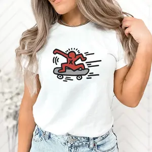 Ripple Junction Keith Haring Skateboarding Figure Art Women's Ribbed T-Shirt