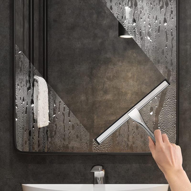 10-Inch Stainless Steel Shower Squeegee with Silicone Blade, All-Purpose Bathroom Cleaner Tool for Shower Glass Door, Tile Wall, Mirror, Car, Includes 2 Adhesive Hooks Docrok