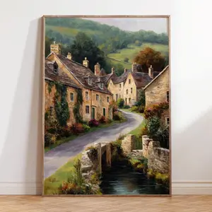 Cotswolds England Oil Painting Poster – Countryside Village Wall Art, Stone Cottage Print, England Travel, Rustic European Artwork