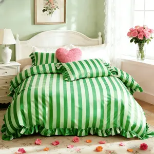 Romantic Striped Ruffle Bedding Set, Includes Satin Pillowcases, Soft Down Comforter Cover, Cloud-Like Super Soft Touch, Modern Fresh Style Gift