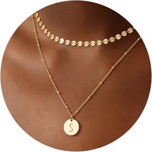 Gold Layered Initial Necklace for Women  Plated Initial A-Z Letter Coin Disc Necklace Pendant Personalized Dainty Link Chain Chokers Double Layered Necklace Jewelry Gift