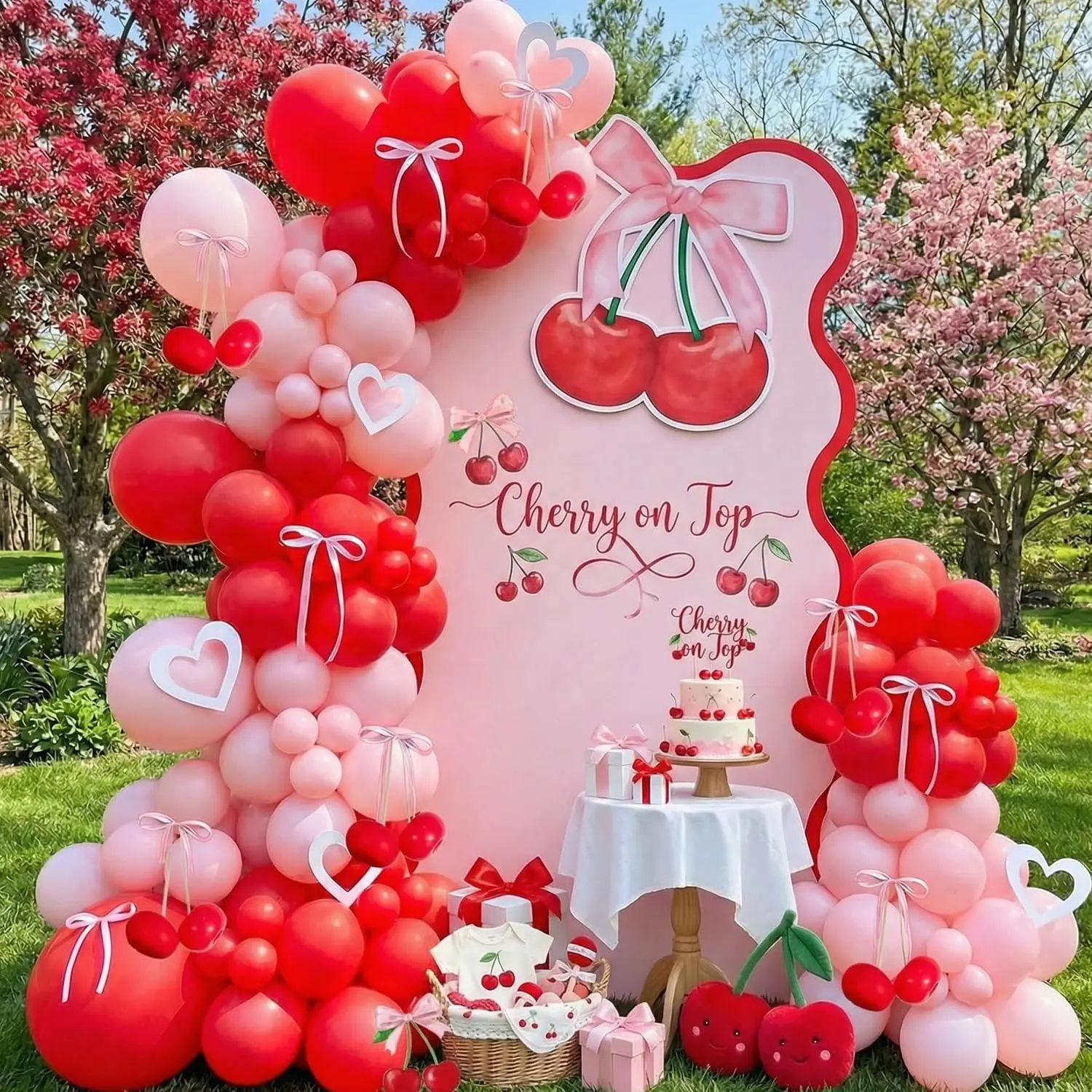 Cherry Balloon Arch Garland Set - Pink Red Colored Bow Satin Ribbon Birthday Theme Festive Decor for Galentine's Day, Girl's 1st Birthday Berry Themed Party Supplies, Birthday Theme Balloons, Bow Balloon Balloons