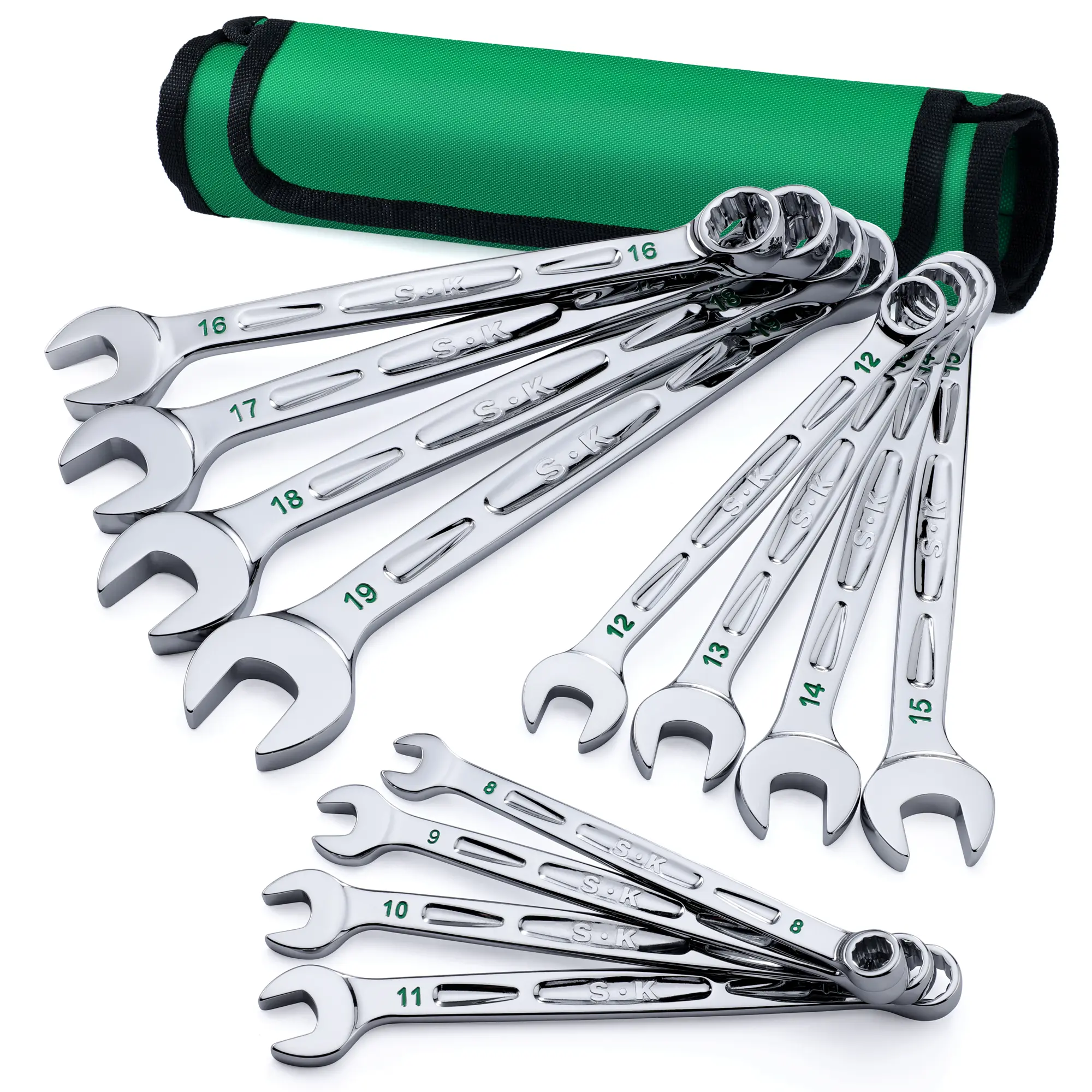 #fathersdaygift SK Combination Wrench Set, Metric 8 to 19mm, SAE 5/16" to 3/4", SuperKrome Finish, Premium CR-V Construction, with Rolling Pouch