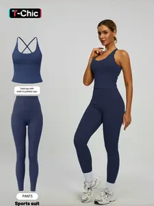 Women's 2-Piece Solid Color Sportswear Set, Sleeveless Backless Tank Top, High Waist Leggings, Slim Fit, Summer Athletic Wear, Breathable Yoga Gym Outdoor Workout, Stretchable Activewear, Sports Fitness Wear, Workout Running Outfits