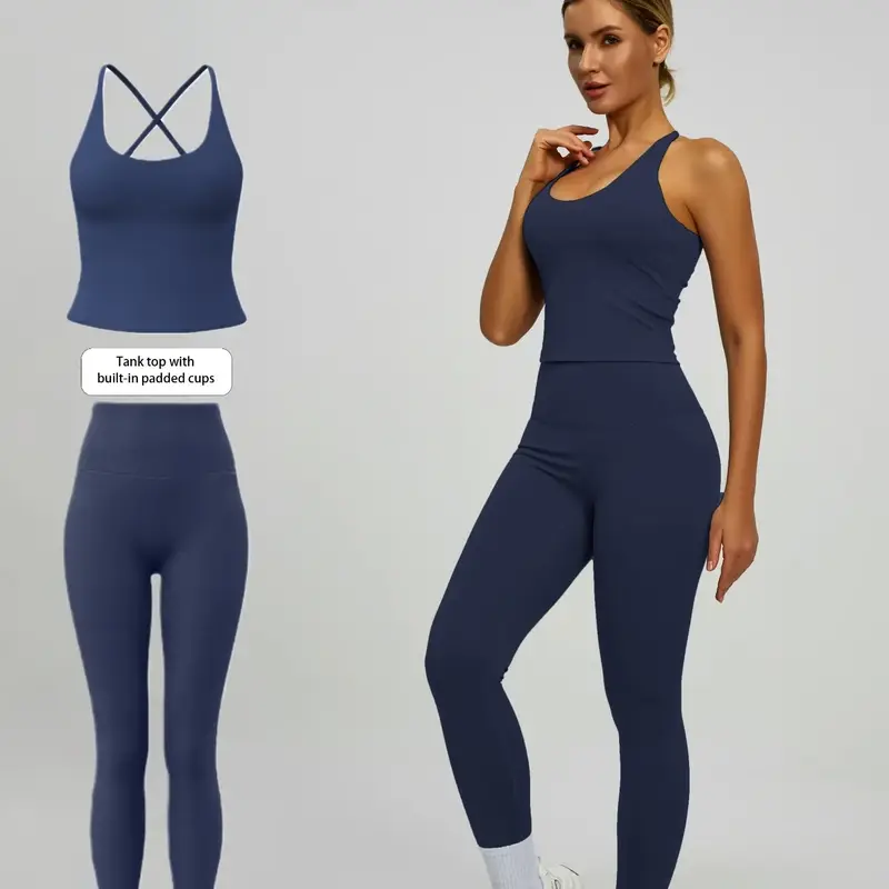 Women's 2-Piece Solid Color Sportswear Set, Activewear Clothing, Sleeveless Backless Tank Top, High Waist Leggings, Slim Fit, Summer Athletic Wear, Breathable Yoga Gym Outdoor Workout, Stretchable Activewear, Workout Running Outfits