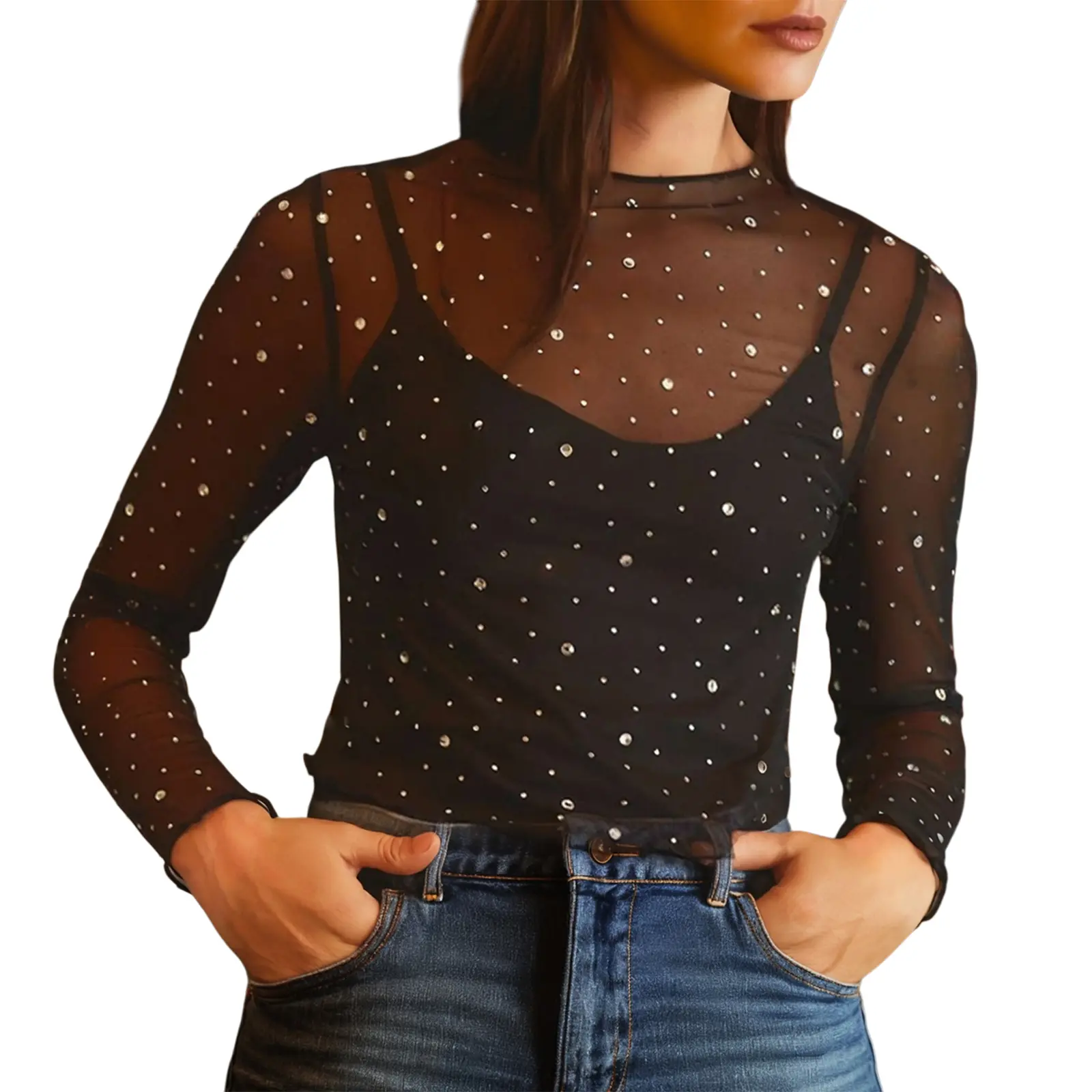 Women's Spring Fall Sexy Sheer Mesh Rhinestone Embellished Long Sleeve Slim Fit Party Top