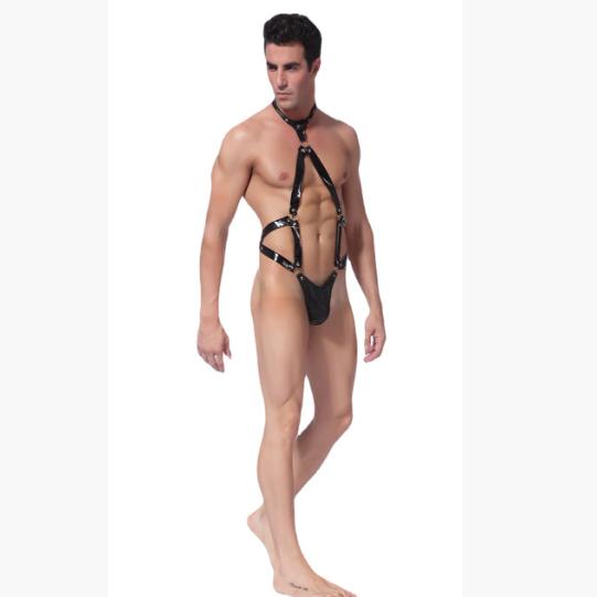 Illussy Men’s Glossy Faux Leather Vest & Shorts Outfit – Adjustable Strap Design, Performance Costume for Stage, Music Festivals, and Creative Fashion Styling