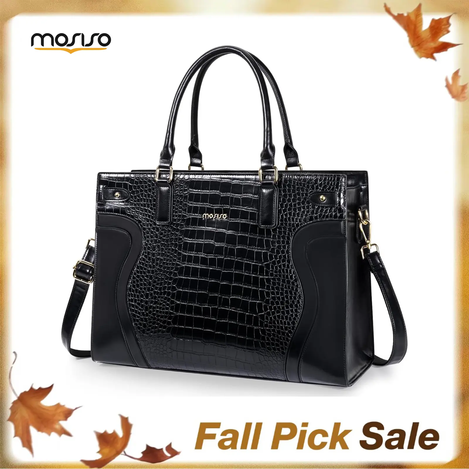 MOSISO Women's Chic Rectangular Croco Grain PU Leather Laptop Tote Bag - Adjustable Hook & Loop Strap, Waterproof, High-Capacity, 15.6in Fit, Clutch Purse, Velcro Closure, Zipper, Dry Clean Compatible, Black, Basic Casual Classic, Business Use