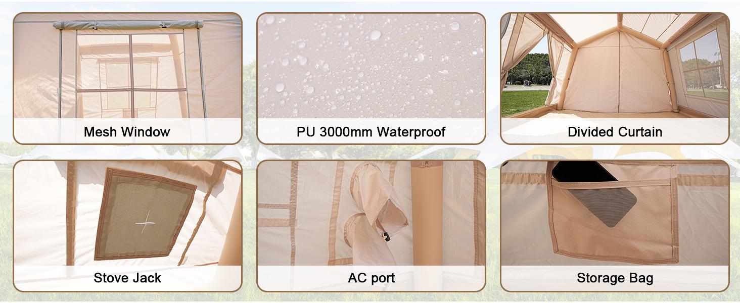 Docred 8/10/12 Inflatable Glamping Tent with Canopy, Hand Pump, Stove Jack, Breathable Waterproof Oxford Fabric, Portable Outdoor Camping Setup, Rainproof Sunproof for Family Travel, Breathable Waterproof Tent, Outdoor Camping Waterproof