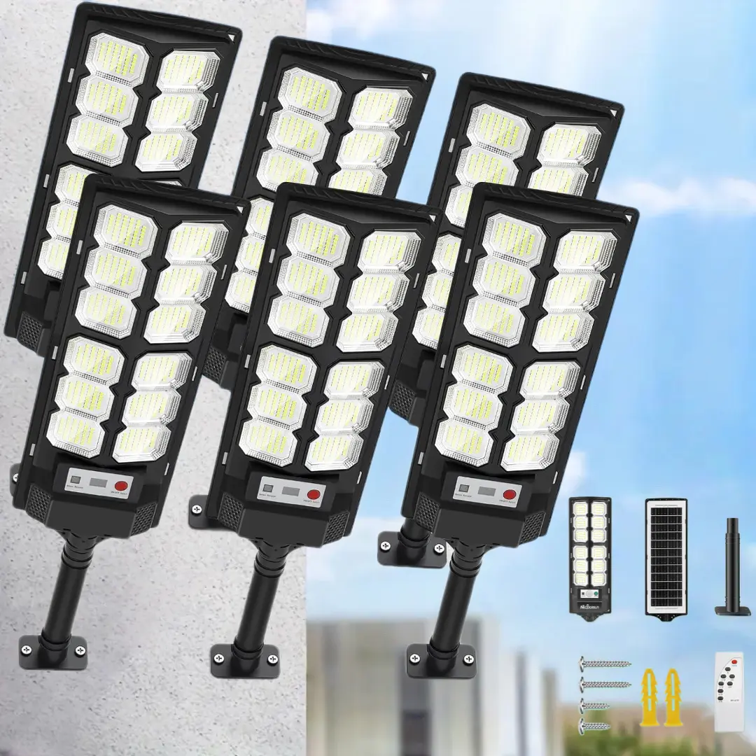 Professional 6-Pack Solar Street Light Outdoor Lighting 13000 Lumens 6500K Color Temperature Waterproof LED Solar Floodlight with Motion Sensor Automatic Dusk to Dawn for Parking Lots Courtyards Driveways