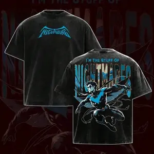 Washed Black Nightwing Tshirt for Men Oversized Short Sleeve Casual Streetwear Tee Featuring "Nightwing" Logo and "I'm the Stuff of Nightmares" Quote for Harajuku and Grunge Style