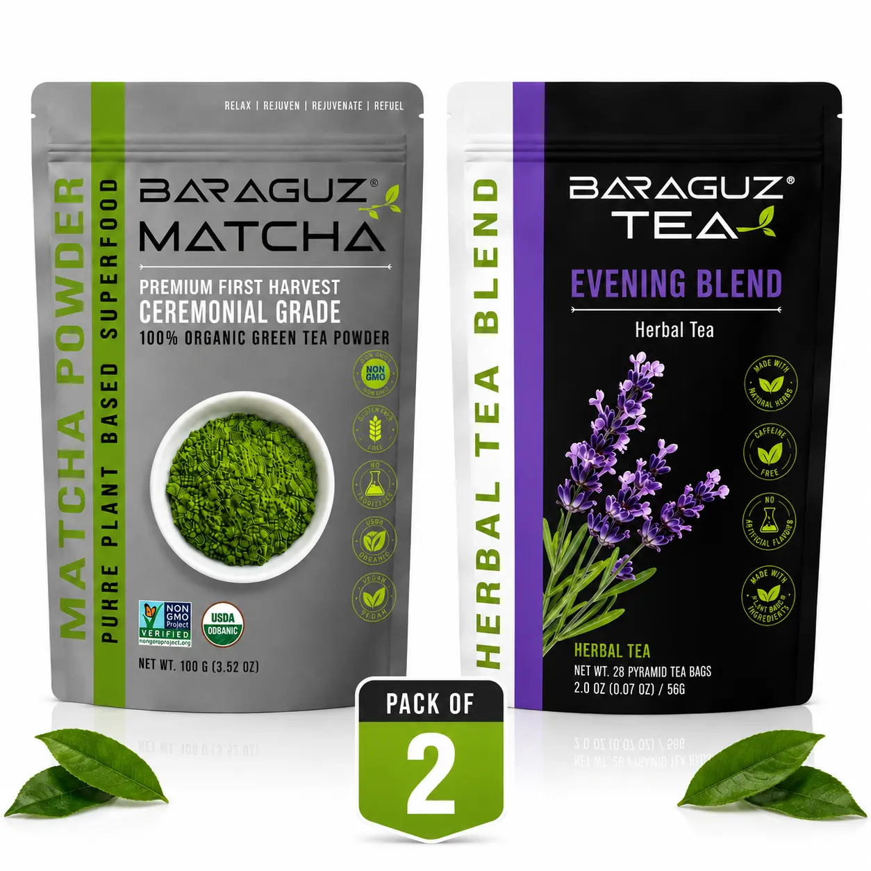 Baraguz Matcha Premium Ceremonial Green Tea Powder - 100g (3.5 oz) & Night Cleanse Bundle | Morning & Evening Tea Collection