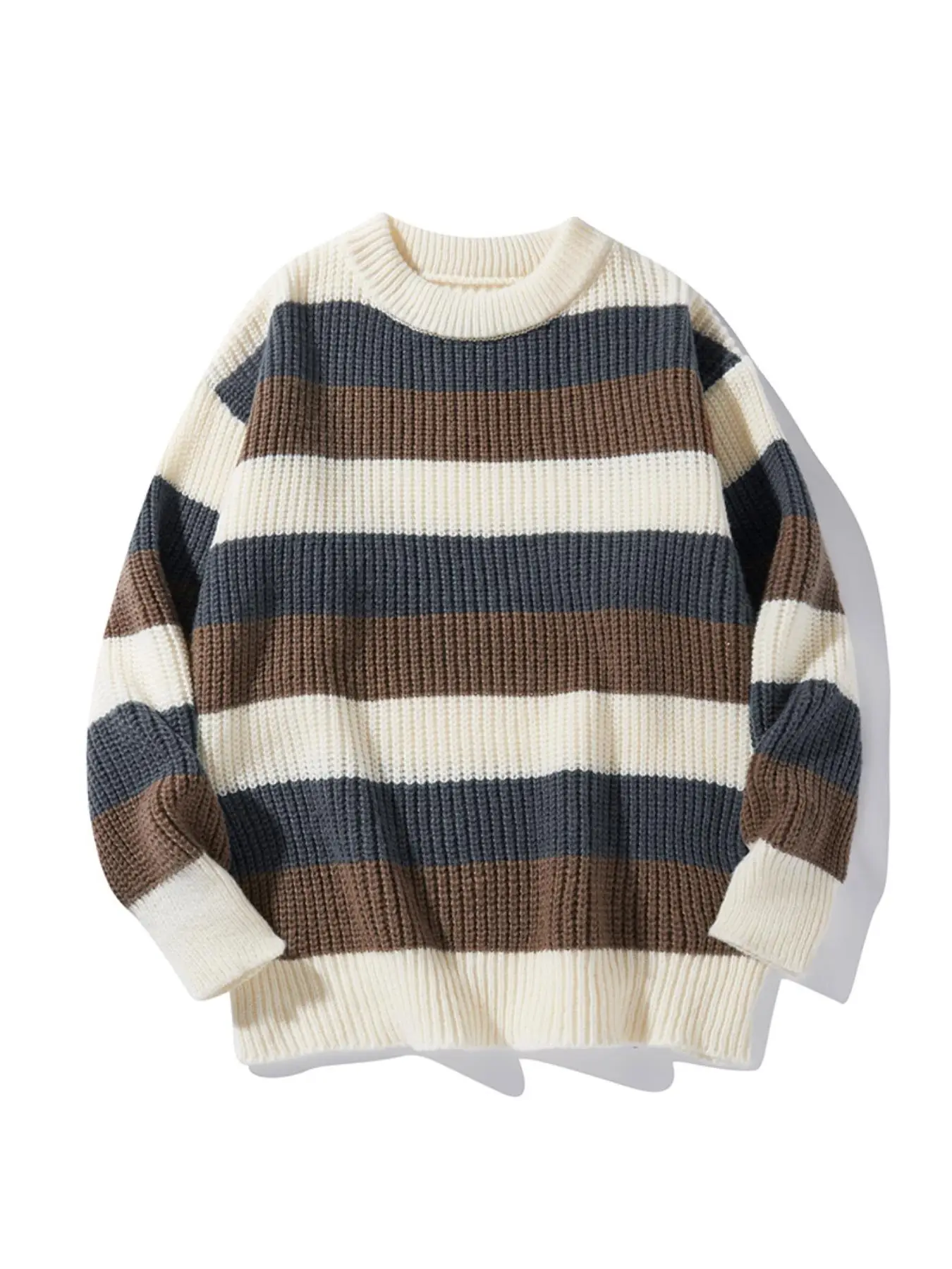 Unisex Men's Striped Print Longsleeves Crewneck Sweater, 2000s Clothes, Casual Loose Long Sleeve Round Neck Jumper for Fall & Winter, Men's Streetwea