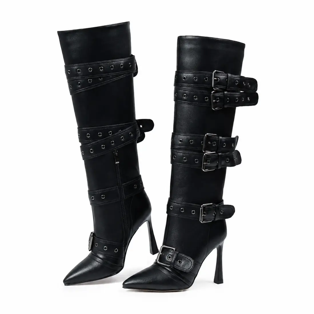 Custom Made Gothic Punk Knee High Boots For Women Pointed Toe Stiletto Heel Multi Metal Buckle Straps Faux Leather Tall Boots Side Zip Closure Edgy Moto Footwear Ideal For Concert Club Date Night And Trendy Street Style Outfits