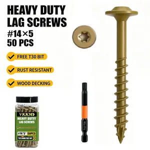 VKKM #14 x 5 Inch Construction Lag Screws, 50Pcs Heavy Duty Wood Deck Screws, T30 Star Drive Anti-Rust Coated Structural Lag Bolts with Free T30 Bit for Fence, Deck, Framing, Outdoor Wood Projects