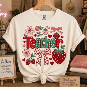 Teacher Strawberry T-Shirt for Women - Fun and Colorful Design - Perfect for Teachers - Womenswear Top