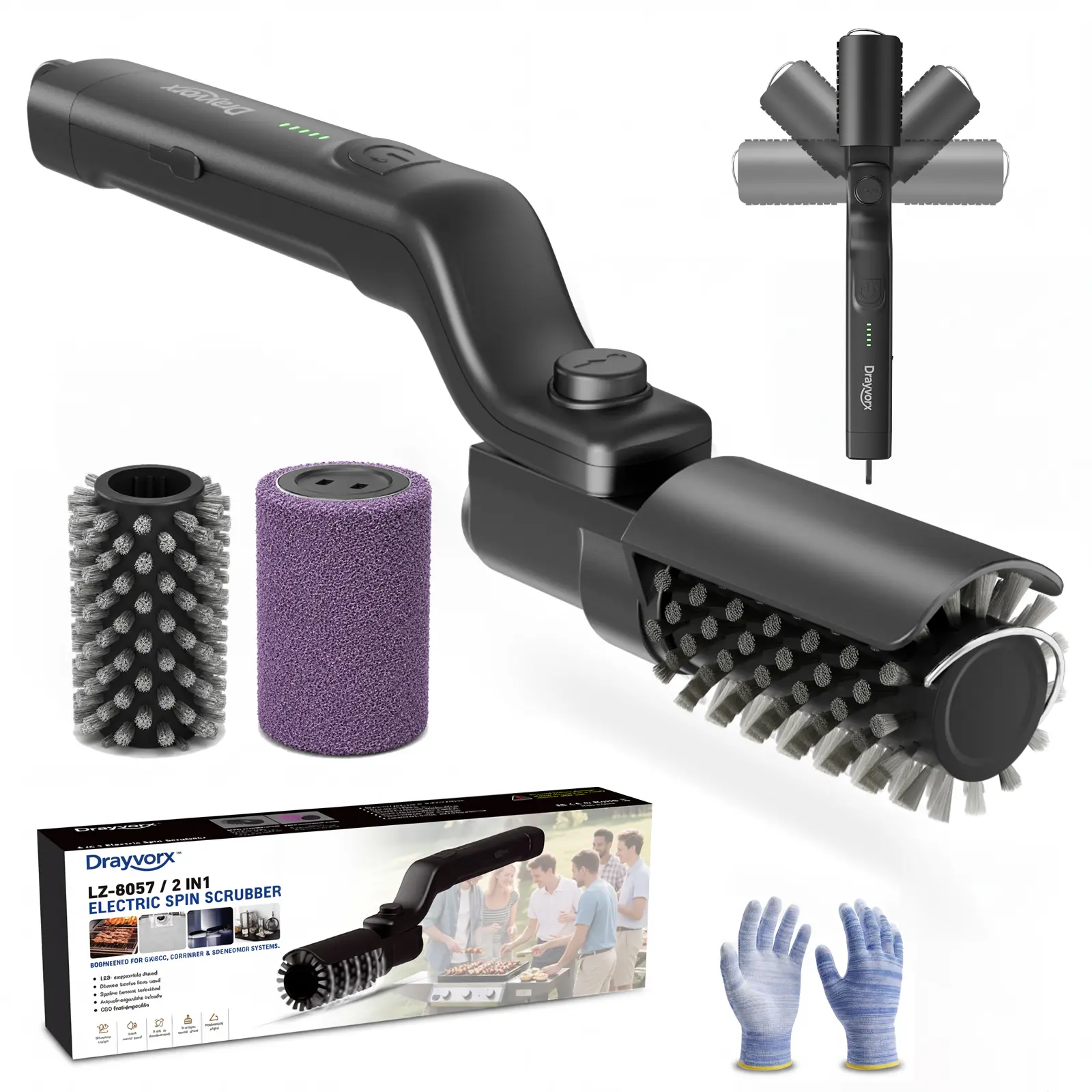 Drayvorx Electric Grill Brush for Outdoor, 2026 TikTok BBQ Grill Cleaner with 2 Heads, 3-Speed & Angle Adjust Cordless Rotary Grill Brush, 150Mins Runtime Grill Cleaning Brush for Barbecue Grates,summerwins,safe bristle fathersdaygift