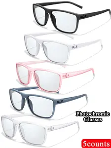 5 Piece Fashion Square Photochromic Sunglasses Set, Unisex UV Color Changing Eyewear, Casual Style for All Seasons, 5 Pieces, High Quality Sunglasses