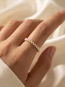 Womens Double Row Fake Pearl Open Ring Minimalist Adjustable Band Simple Elegant Fashion Jewelry Gift for Her