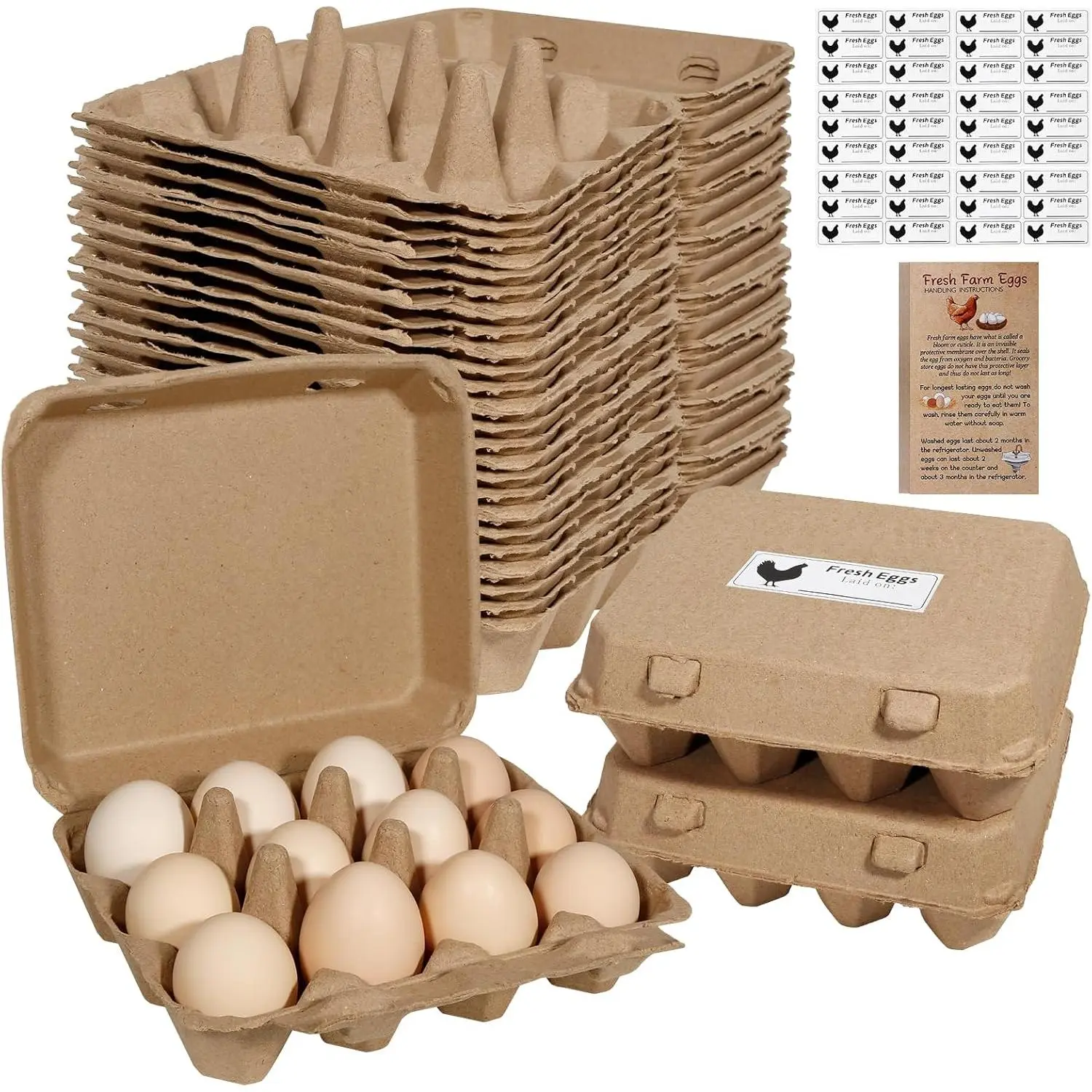 25-Pack Reusable Natural Paper Pulp Egg Cartons, 12-Egg 3*4 Sturdy Design Moisture-Absorbing Trays, Bulk Storage & Transport Containers for Farm Users & Home Organization