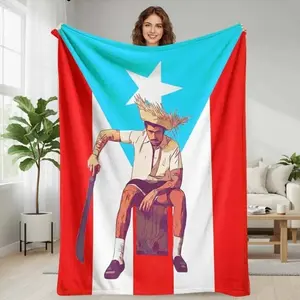 Pop Singer Puerto Rico Flag Flannel Blanket Folk Art Farmer Illustration Tropical Rustic Style    Soft Blankets, Perfect for Home Bedroom Bed Sofa Picnic Travel and Office Use Ideal for Holiday Gifts.