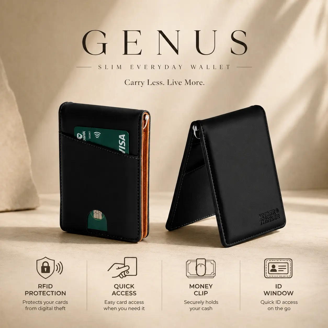 UNDER THINKER Genus Wallets for Men, Men Slim Wallet with RFID Blocking, Faux Leather Money Clip, 6 Card Slots, ID Window, Gift for Him or Dad TDF