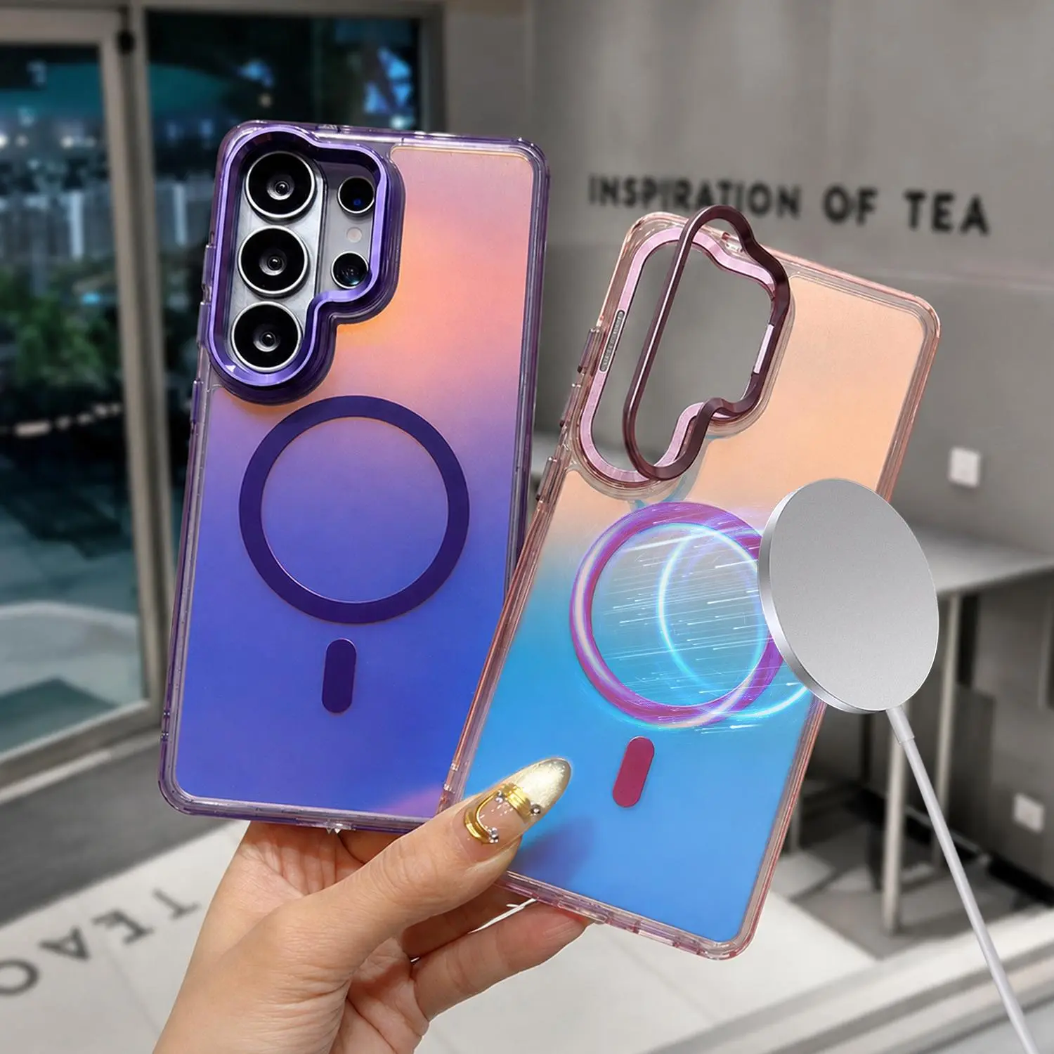 Military Grade Drop Proof MagSafe Case For Samsung Galaxy S26 S25 S24 S23 Ultra Plus FE | Aluminum Alloy Lens Kickstand, Shockproof Bumper Slim Hard, Chameleon Iridescent Gradient Back