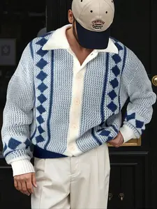 Men's Vintage Casual Wide Plaid Colorblock Polo Collar Button Front Sweater Coat, Perfect for Spring & Fall Seasons, Long Sleeve Knitwear