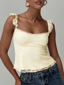 This Lace Cami is Date Night Perfect Fit Lightweight Ruffled Square Neck Cropped Top Valentine Tank Top