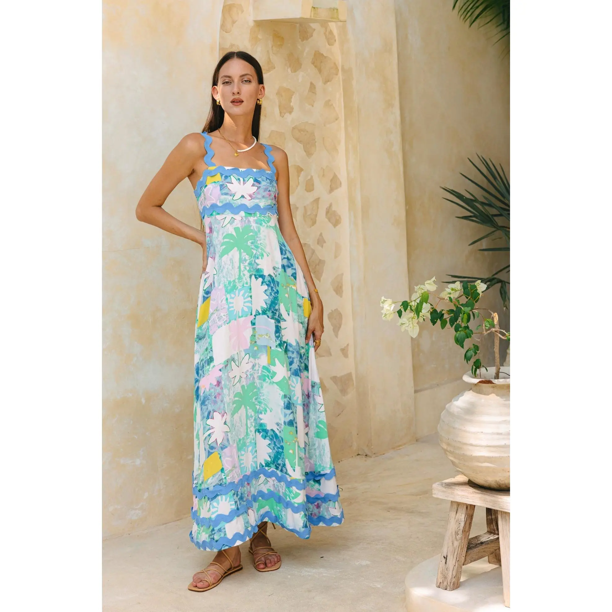 Maeve Aqua Blue Green Abstract Ric Rac Maxi Dress