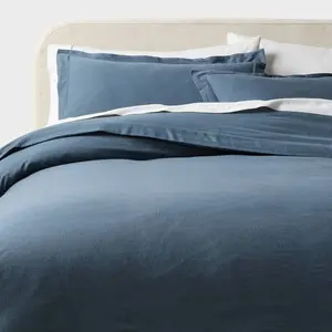 Full/Queen Casual Textured Cotton Duvet Cover and Sham Set Dark Blue - Threshold