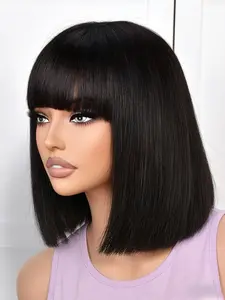 Bob Wig Human Hair with Bangs, 10 Inch Straight Wig, 180% Density, Natural Look, Lightweight Design, Perfect for Daily Wear