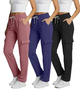 Real Essentials 3 Pack: Women's Fleece Cargo Sweatpants, Open Bottom Lounge & Athletic Casual Pants with Pockets
