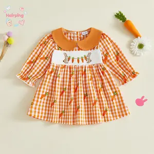 Baby Girl Orange Gingham Dress, Bunny & Carrot Embroidery Peter Pan Collar Long Sleeve Soft Cotton Fabric Casual Easter Party Outfit