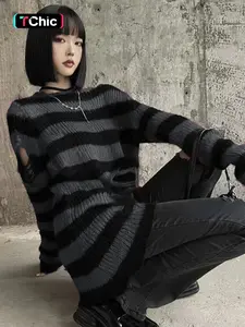 Women's Striped Print Ripped Drop Shoulder Sweater, Casual Long Sleeve Round Neck Jumper for Spring & Fall, Women's Knit Clothing for Daily Wear