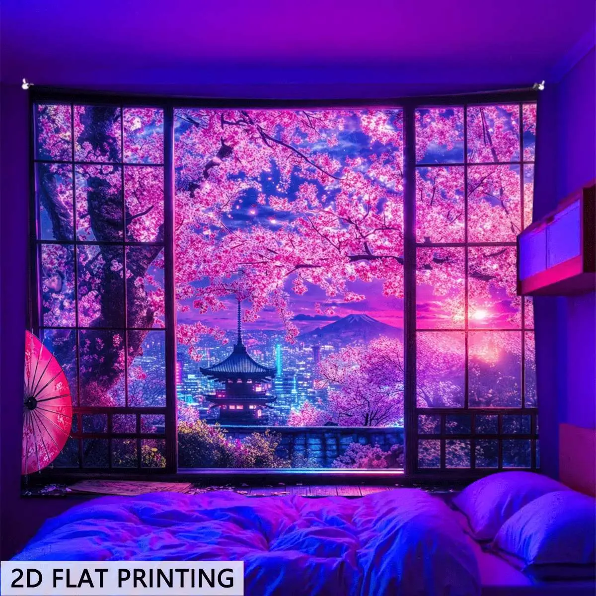 2D Flat Blacklight Glow-in-Dark Print Tapestry, Neon Cherry Blossom Waterfall Window View Flower Pattern Wall Hanging, Bedroom Decor Aesthetic Whimsical Home Decor for Home & Party Use