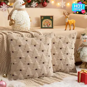 2 Set Christmas Pillow Covers 18x18 inch Xmas Decorations Soft Plush Faux Fur Beige Christmas Tree Throw Pillow Cases Winter Holiday Gift for Sofa Living Room New Year Home Decor