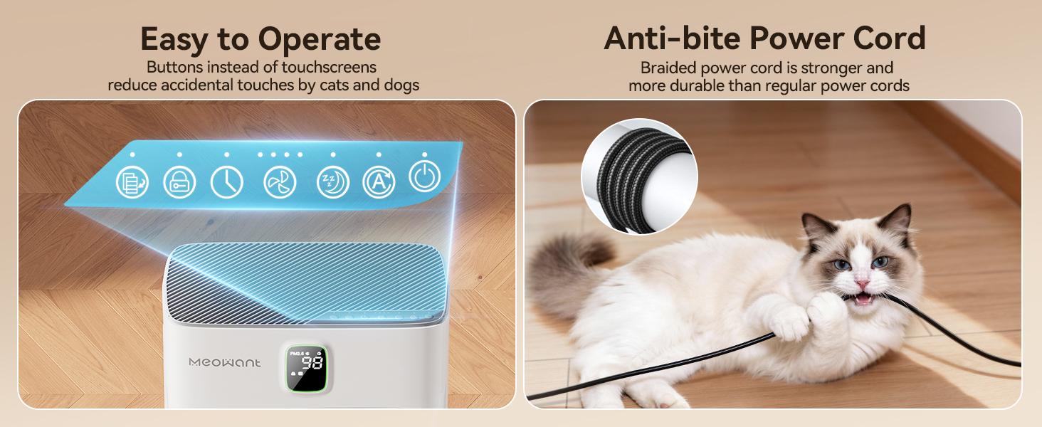 Meowant Pet Air Purifier with HEPA Double-Sided Filter Polygonal Inlet for Pet Hair Capture Activated Carbon H13 Filtration PM2.5 Monitor Quiet Smart Pet-Friendly