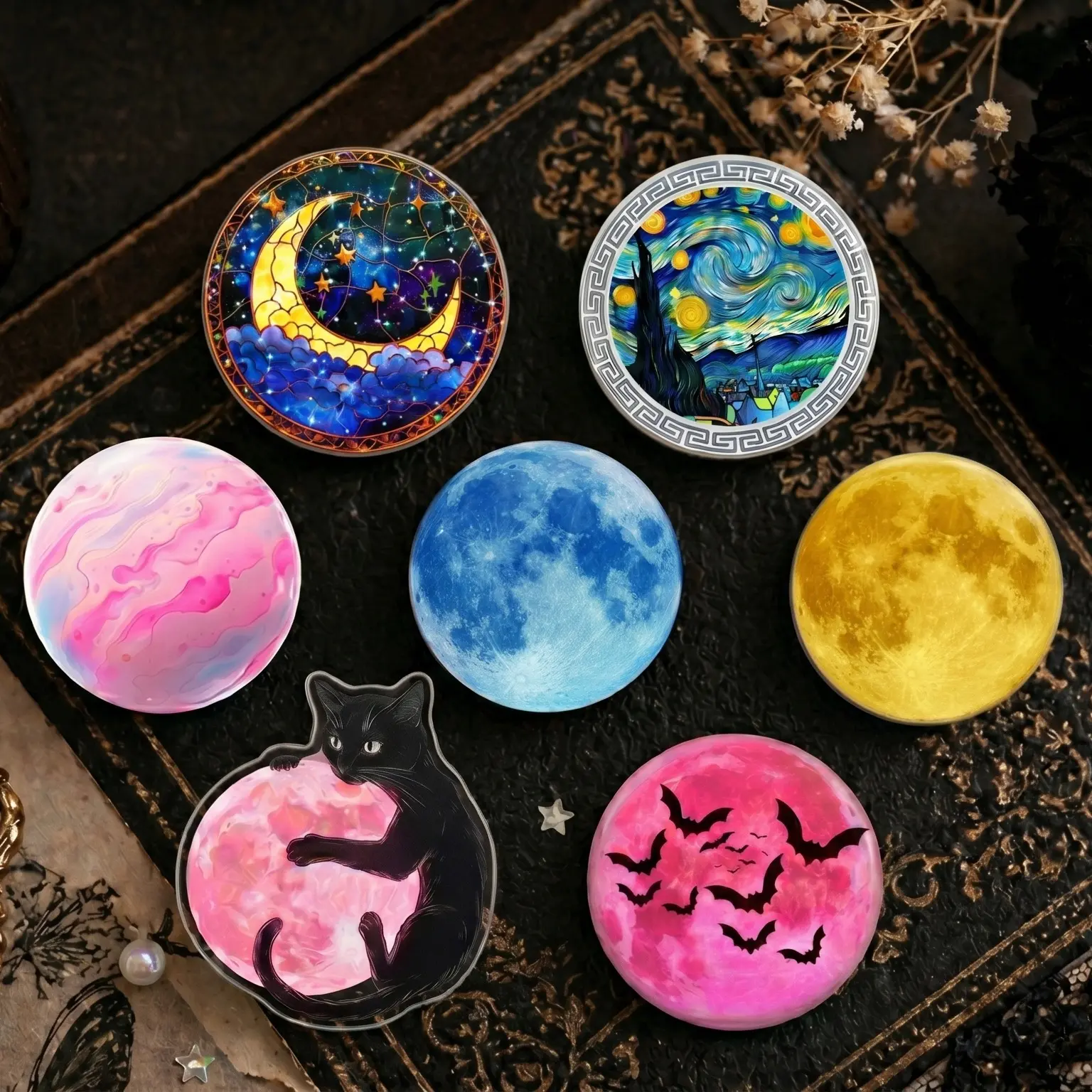 Celestial Black Cat Magnetic Phone Grip, Moon and Stars Acrylic Phone Holder, Dreamy Night Sky Accessory Gift